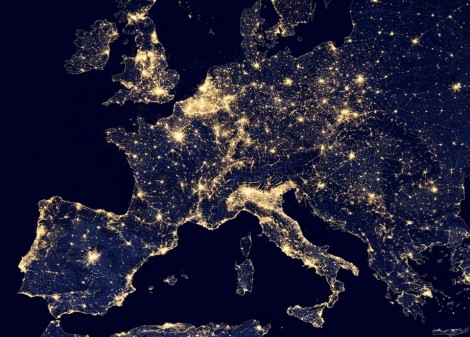 A nighttime view of Europe made possible by the ?day-night band? of the Visible Infrared Imaging Radiometer Suite (VIIRS) is seen in a global composite assembled from data acquired by the Suomi National Polar-orbiting Partnership (Suomi NPP) satellite in 2012 and released by NASA October 2, 2014 . The VIIRS detects light in a range of wavelengths from green to near-infrared and uses filtering techniques to observe dim signals such as city lights, wildfires, and gas flares. REUTERS/NASA/Handout (UNITED STATES - Tags: ENVIRONMENT ENERGY SCIENCE TECHNOLOGY) FOR EDITORIAL USE ONLY. NOT FOR SALE FOR MARKETING OR ADVERTISING CAMPAIGNS - RTR48P3V